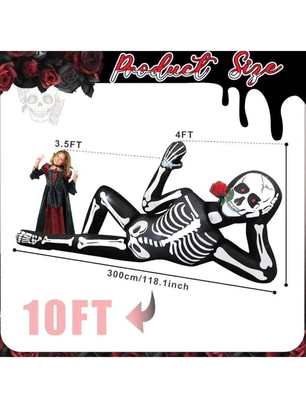 Giant 10FT Inflatable Skeleton with Glowing Red Eyes - Scary Halloween Yard